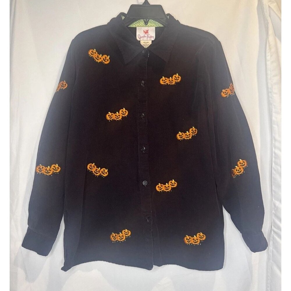 VTG Quacker Factory Black Corduroy Embroidered Pumpkin Halloween Shirt Blouse M